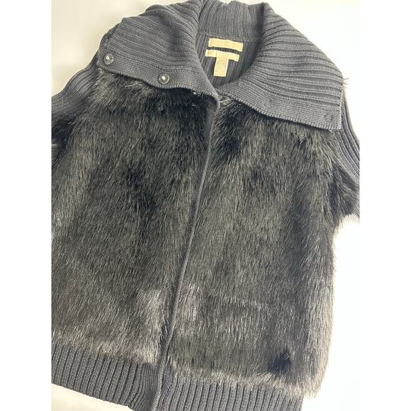 Banana Republic Size Large Black Wool Faux Fur Cardigan Sweater Winter Collared - Picture 5 of 11